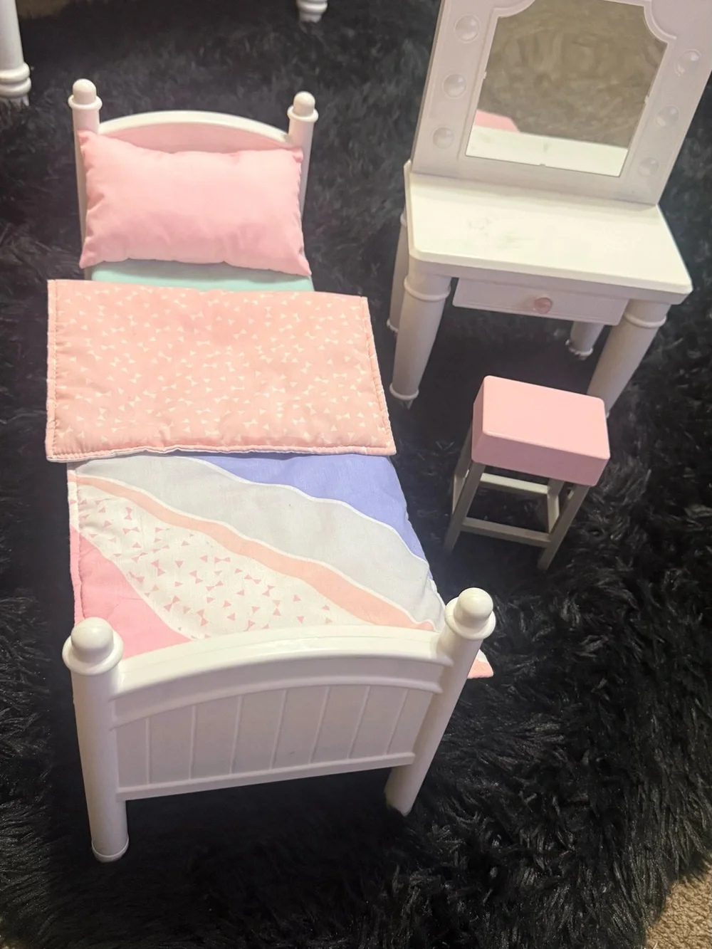 Our Generation Doll Bed and Dresser Set with Pink & Pastel Patchwork Quilt - Picture 5 of 5